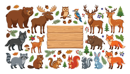 Woodland animal characters collection vector illustration with blank wood banner elk owl rabbit and pine trees © Ridoy