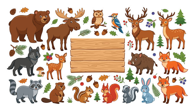 Woodland animal characters collection vector illustration with blank wood banner elk owl rabbit and pine trees