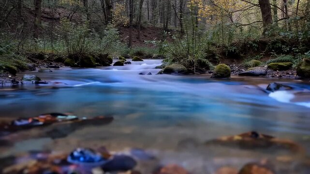 Flowing stream in a forest with visible rocks and colorful reflections, showcasing the gradual transition of water color from brown to blue in a natural setting