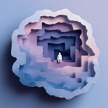 Mental health and psychology concept, person navigating a deep maze inside the mind, symbolizing anxiety, confusion, self discovery, emotional struggle, cognitive complexity, and healing