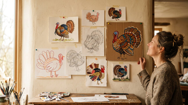 Woman looking at turkey drawings displayed on a studio wall  