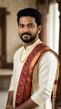 Handsome Telugu Man in Traditional Andhra Pradesh Dhoti and Silk Attire