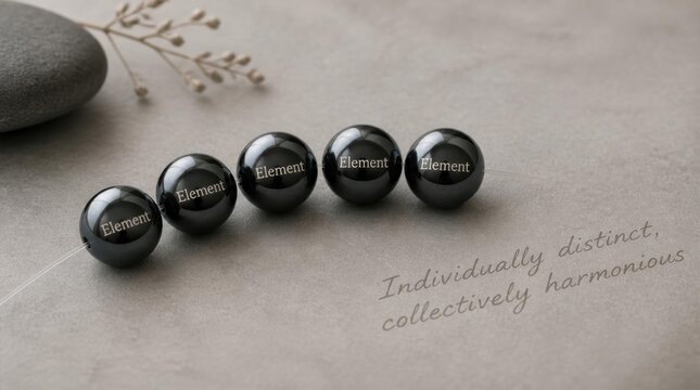 Structured arrangement of five small polished hematite beads (20260509)