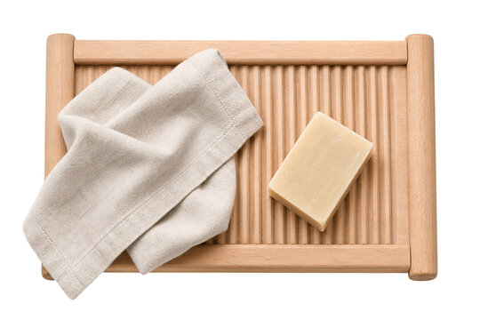 Natural bamboo washboard with towel and handmade soap isolated on transparent background PNG element