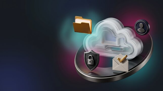 Cloud computing concept with floating folder shield email user icons on dark circular platform