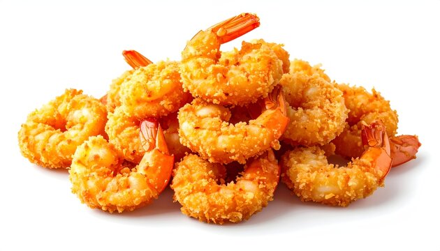 Golden crispy breaded deep-fried popcorn shrimp tempura prawns on white background