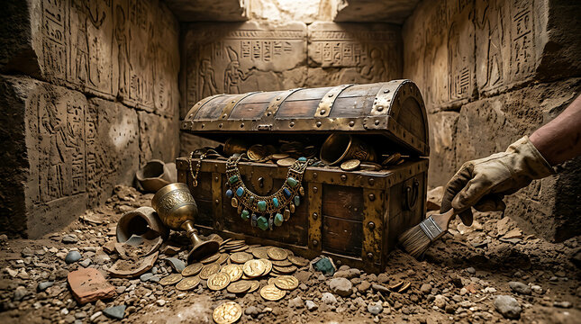 Ancient treasure chest filled with gold coins and artifacts.