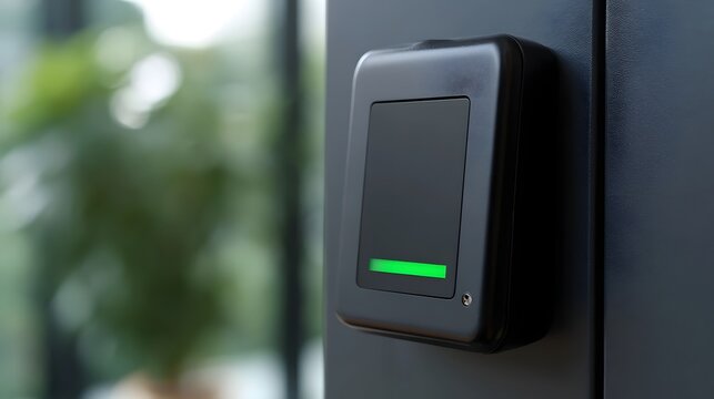 A sleek black access card reader with a glowing green bar mounted on a dark surface  with blurred greenery in the background