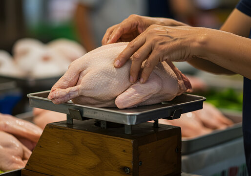 Weighing fresh chicken at market
