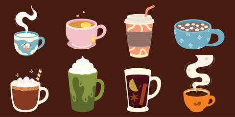 Fototapeta premium Hot drinks and coffee mugs flat icon set