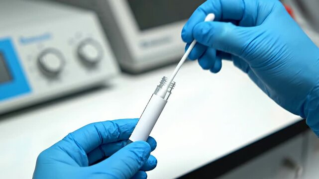 Close-Up View Of Gloved Hands Using A Cotton Swab For Medical Testing Preparations In A Laboratory Setting