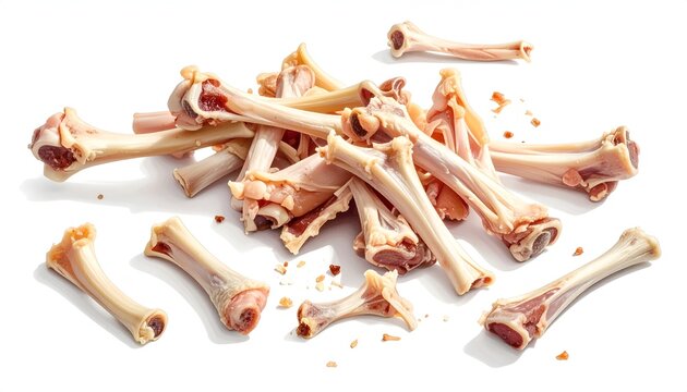 A rustic pile of cleaned raw cut animal marrow bones for simmering rich culinary bone broth soup on white