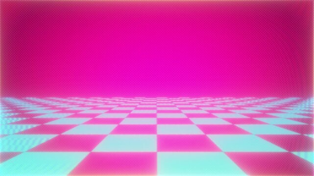 Vaporwave hot pink magenta checkered floor loop with deep pink sky, vibrant retro background.