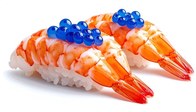 Fresh cooked shrimp ebi nigiri sushi pieces garnished with glistening blue caviar pearls on white backdrop