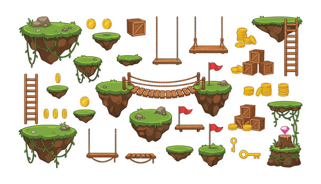 2D platformer game asset vector illustration bundle pack featuring floating islands bridge ladders and coins