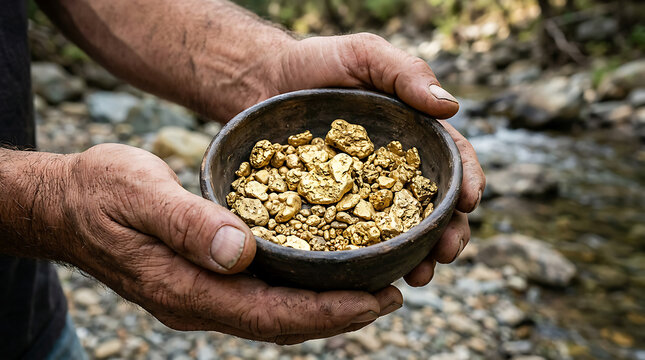 Hands holding a bowl of gold nuggets outdoors.