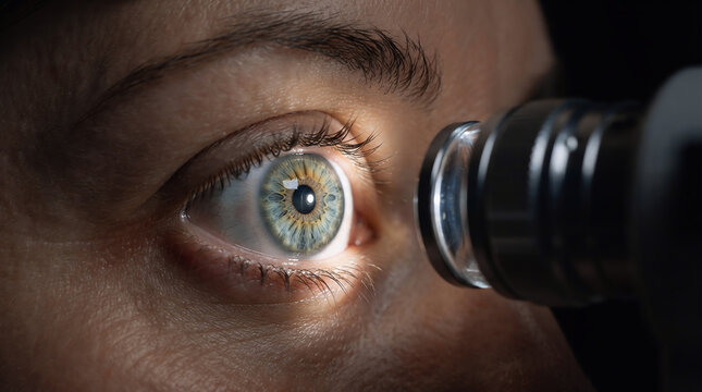 Close-up Human Eye with Black Headphones Listening and Technology