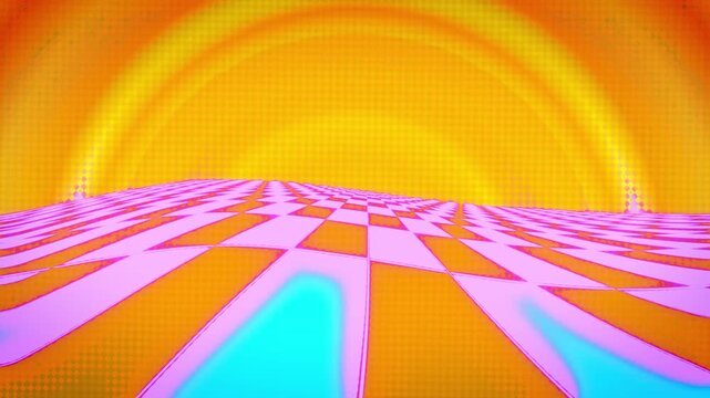 Vaporwave yellow gold sky with cyan orange checkered floor animation, looping retro background.