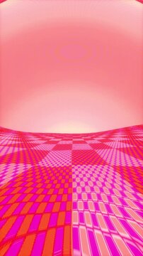 Vertical 9x16 vaporwave pink salmon coral checker animation with peach sky, mobile background loop.