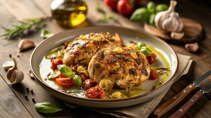 Fototapeta premium A national dish of Italian cuisine. Pollo alla “Bella Italia” is a dish made from juicy chicken fillet, sautéed with garlic, cherry tomatoes, and aromatic basil in olive oil.