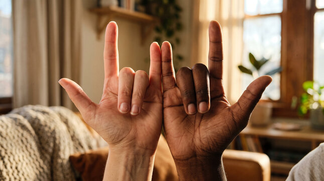 Two hands making I love you sign language gesture indoors  