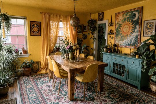 Bohemian dining room interior with yellow walls and wooden table