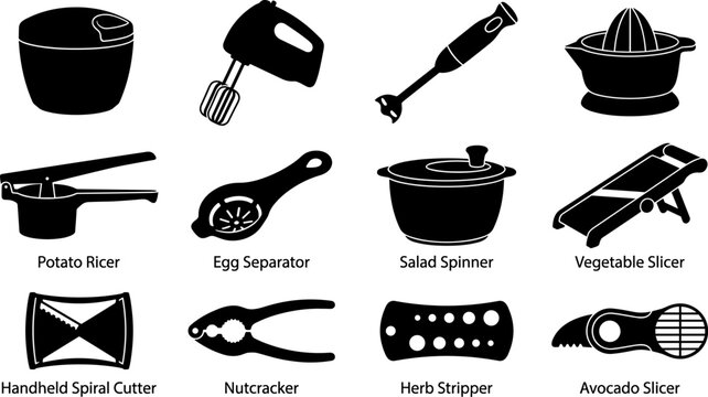Kitchen Gadgets and Food Preparation Accessories Icon Set Featuring Food Chopper Mixer Blender Citrus Juicer Potato Ricer Mandoline Nutcracker and Slicer Silhouettes