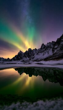 Breathtaking aurora illuminates a serene snowscape of mountains and icy waters reflecting starlight