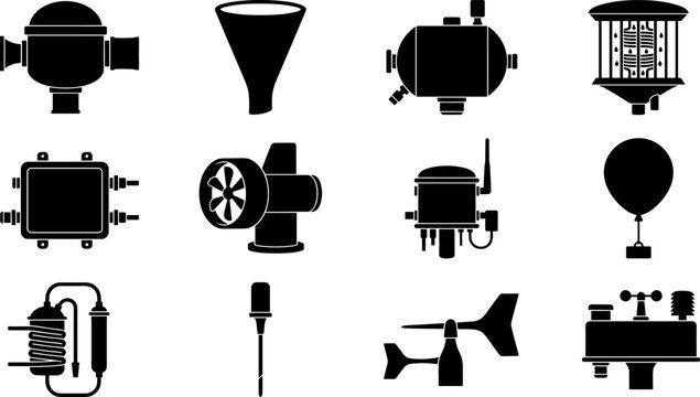 Meteorological Equipment and Environmental Monitoring Instruments Icon Set Featuring Barometer Rain Gauge Barograph Pyranometer Junction Box Anemometer