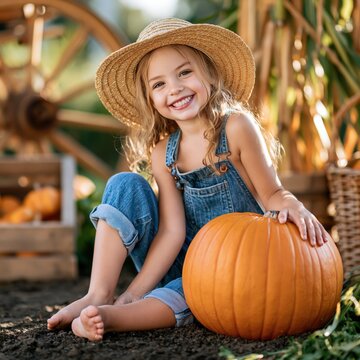 Happy little girl smiling, enjoying autumn harvest season, sitting with pumpkins on a farm