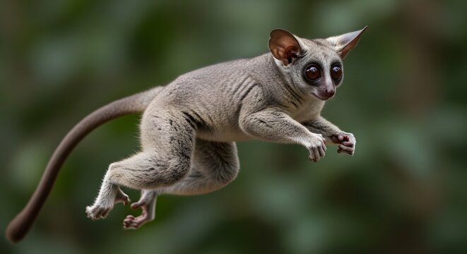 Lesser galago leaping through lush green foliage with a soft bokeh background during daylight