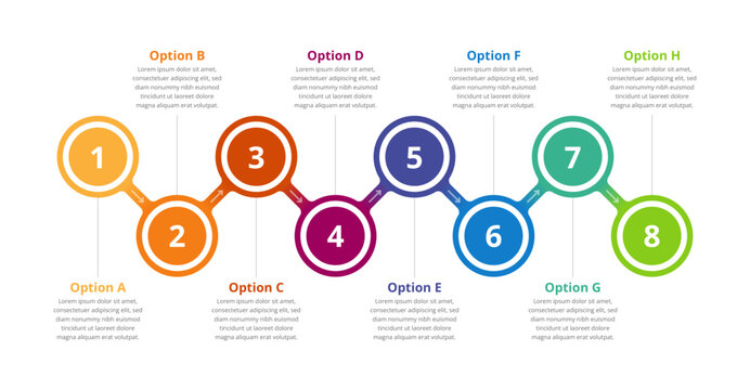 Business Infographic design with 8 steps or options. Timeline infographics template for graph, diagram, brochure, presentations slide.