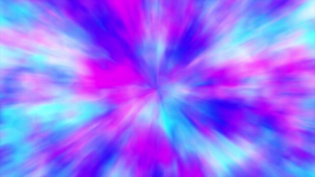 Tie dye style psychedelic 3D animation visual effect pattern with vibrant abstract splashing textures and warm neon hues of purple and aqua blue radiating outward from a glowing center motion graphics