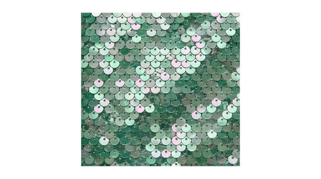 A close up view of shimmering green and silver sequins on a fabric surface