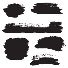 Fototapeta premium Black grunge brush stroke clipart set featuring rough paint swashes, dry brush marks and wide textured horizontal lines.