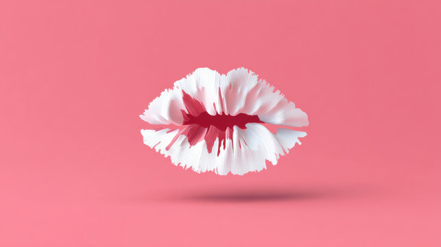 Abstract 3d render of white lips with a red center floating against a solid pink background.