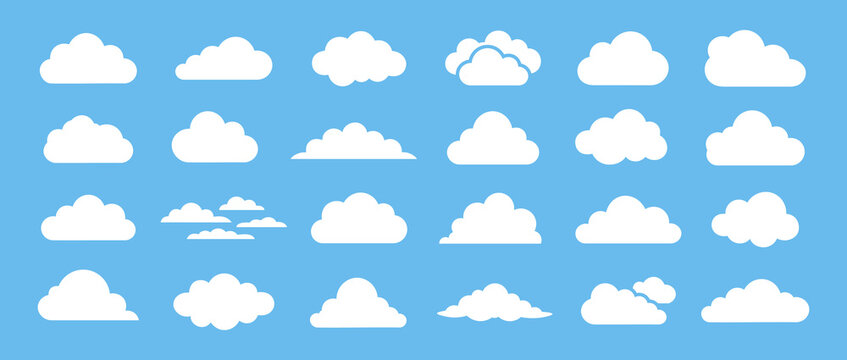 Collection of white fluffy clouds isolated on a blue sky background, vector illustration.