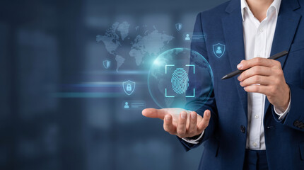Obraz premium Biometric face scanner identity security. Futuristic digital facial recognition system. identification verification id access, security protection