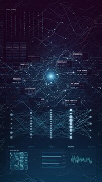 A glowing digital brain core pulses inside a dense neural network interface with data readouts, ideal for tech promos and AI marketing content in vertical format.