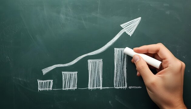Upward trending bar chart with arrow drawn on chalkboard by a hand
