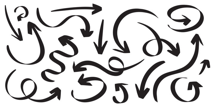 Hand drawn black arrow clipart set featuring bold curved, looping, spiral, swoosh and circular directional arrows.