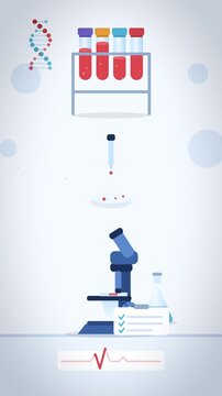 A vertical flat-illustration sequence pans through blood vials, a pipette, and a microscope station, offering a clean loopable backdrop for medical marketing content.