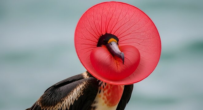 Male frigatebird inflating red gular pouch during courtship display with blurred ocean background