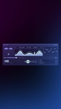 A compact retro-style music player with animated equalizer bars and playlist sits atop a dark gradient backdrop, suited for vertical social media and music promo overlays.