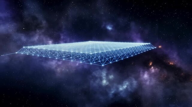 3D grid structure illuminated with blue light floats in a cosmic space filled with stars and nebulae, showcasing a continuous perspective shift across three frames