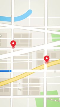 An animated vertical map traces a delivery route between two red pins across a stylized cityscape, ideal for logistics apps, travel marketing, and navigation demos.
