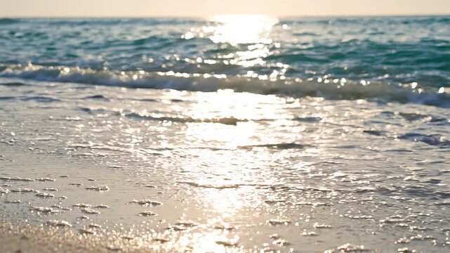 Golden sunlight reflecting on gentle ocean waves as they serenely roll onto a sandy beach, capturing the peaceful beauty of the coastal shoreline at dawn or dusk