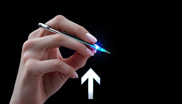 A hand with pen showing green upward trending arrow on dark background