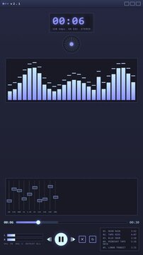 A detailed vertical music player shows a live equalizer, frequency sliders, and scrolling playlist glowing in cool blue tones, great for music apps and streaming promos.