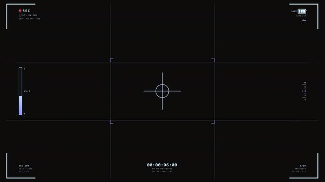 A wide camcorder HUD overlay shows a red REC indicator, running timecode, and a focus crosshair on black, delivering a retro analog video look for cinematic projects.